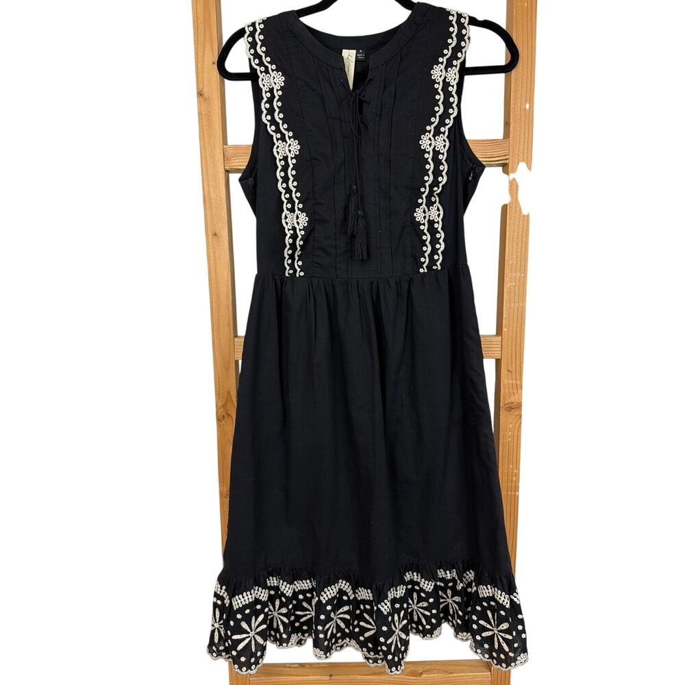 Allison Joy Black Cotton White Eyelet Embroidered Tassel Boho Midi Dress S